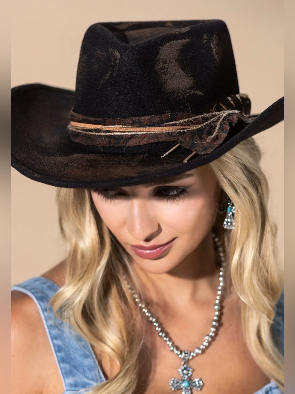 Black and Brown Felt Boho Western Cowboy Fedora Hat with Feather Band